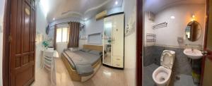 胡志明市Kim's studio的浴室的两张照片,配有一张床和一个水槽 更多21张照片