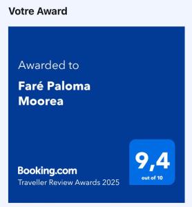 Certifikát, hodnocení, plakát nebo jiný dokument vystavený v ubytování Faré Paloma Moorea
