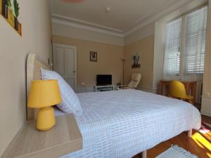 Ένα ή περισσότερα κρεβάτια σε δωμάτιο στο Studio charmant avec kitchenette séparée, animaux acceptés à Aix-les-Bains - FR-1-555-105