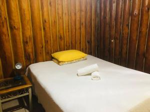 a bed in a wooden room with a yellow pillow at Three Sons in Port Edward