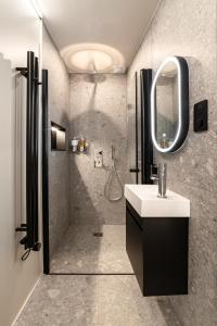 ein Badezimmer mit Dusche, Waschbecken und Spiegel in der Unterkunft Luxury Suite 2BR in Charming Courtyard Le Marais in Paris