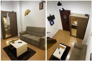 two pictures of a living room with a couch and a table at Apartamento Centro do Rio de janeiro in Rio de Janeiro