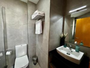 a bathroom with a white toilet and a sink at Lo balconet del Delta. Àtic-dúplex vacacional. in Amposta