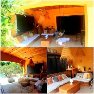 two pictures of a living room with a tv at Gers habitation in Montégut