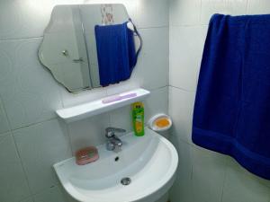 a bathroom with a sink with a mirror and a blue shower curtain at 1 Separate Bedroom and Attached Bathroom in a shared apartment in Muscat +14 photos