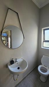 a bathroom with a sink and a mirror and a toilet at Honeywood Stays - "Romantic escape" Sunroom Near Airport, Fast Wi-Fi & Secure Parking in Gqeberha