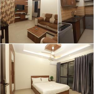 a kitchen and a living room with a bed in a room at VVP Rooms in Cochin