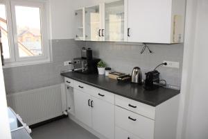 een keuken met witte kasten en een zwart aanrechtblad bij Wohlfühl & Schickes Apartment in Heilbronn