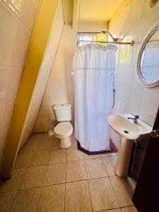 a small bathroom with a toilet and a sink at Cabaña tipo A Pichidangui in Pichidangui
