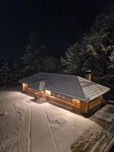 a log cabin with lights in the snow at night at Casa Pădurarului in Câmpulung Moldovenesc +10 photos