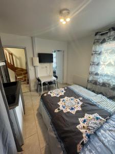 ein Schlafzimmer mit einem Bett, einem Tisch und einem Stuhl in der Unterkunft Charmant & LUXURY studio Paris Montreuil in Montreuil