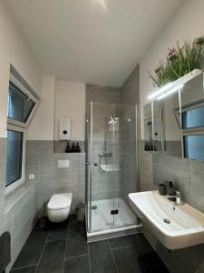 une salle de bain avec une douche, des toilettes et un lavabo dans l'établissement Modernes Apartment am Marienplatz, à Schwerin