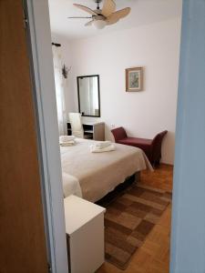a bedroom with a bed and a chair and a ceiling fan at Studio Jasna in Brzac