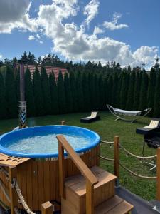 a large hot tub in a yard with a hammock at ARKANA Rydzewo in Rydzewo