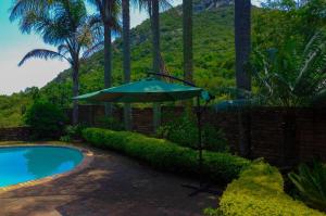 a green umbrella next to a swimming pool at Kneizenberg Boutique Lodge & Spa in Louis Trichardt
