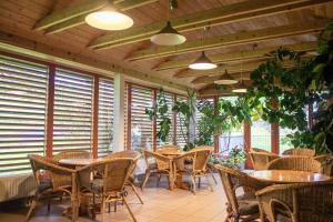 a patio with tables and chairs and windows at Renerovka 93 in Dolní Malá Úpa