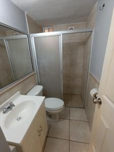 a bathroom with a shower and a toilet and a sink at Puerto Vallarta Zona Romantica in Puerto Vallarta