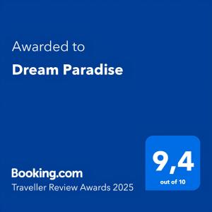 Um certificado, prémio, placa ou documento mostrado em Dream Paradise