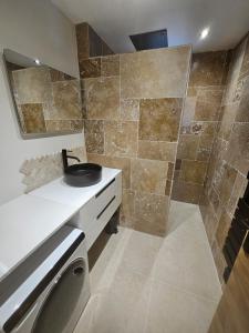 un bagno con lavandino e doccia di Appartement cosy proche du Mont-Dore a Laqueuille