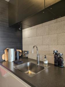 eine Küche mit Spüle und Arbeitsplatte in der Unterkunft Industriële WOW! Private studio 35m2 in Amsterdam