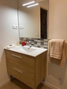 a bathroom with a sink and a mirror at Eymet Holiday Rentals in Eymet +24 photos