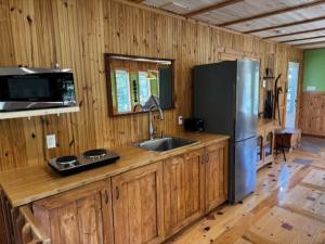 a kitchen with a stainless steel refrigerator and wooden cabinets at le Studio in Tadoussac