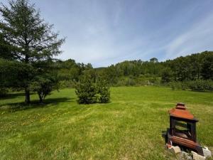 a small house in a field of green grass at le Studio in Tadoussac