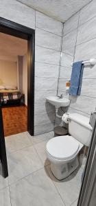 a bathroom with a toilet and a sink at Departamento Tulcán in Tulcán