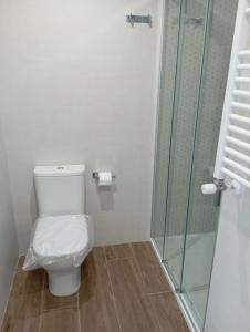Un baño con inodoro y ducha de cristal. en La Fuente, en Luarca