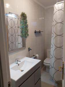 a bathroom with a sink and a toilet and a mirror at Apartamentos Oreña in Oreña +28 photos