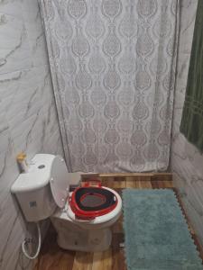 a bathroom with a toilet with a blue rug at Cabaña en Volcan in Volcán +8 photos
