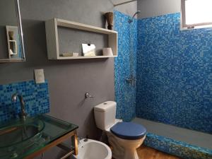a blue tiled bathroom with a toilet and a sink at La Pedrasanta in La Pedrera