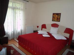een rood en wit bed in een witte kamer bij Pensiunea Speranta in Sovata