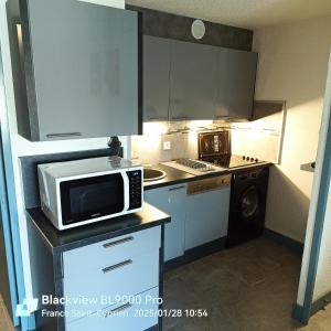 une cuisine avec un micro-ondes et un lave-linge et un sèche-linge dans l'établissement Logement plage, à Saint-Cyprien 11 autres photos