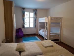a bedroom with a bunk bed and a window at Apartmány Karina in Janske Lazne