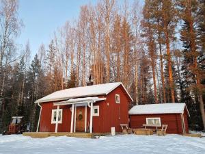 a red cabin in the snow with trees in the background at Åviken Cabin in Ängesträsk