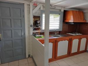 - une cuisine avec une porte, un évier et un comptoir dans l'établissement La kaz créole, à Bouillante