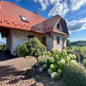 a house with a red roof and some bushes at Wypoczynek nad Doliną in Orawka