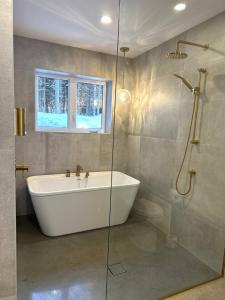 une salle de bain avec baignoire et douche en verre dans l'établissement Cottage Quebec - L'Eclipse Nordique, à Petite-Rivière-Saint-François