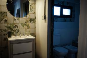 a bathroom with a sink and a toilet and a mirror at Chaparisco in Puerto Madryn