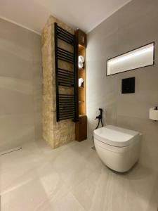 a bathroom with a white toilet in a room at Atreas’ Art Studio in Chania Town