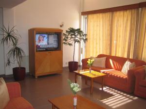 a living room with a couch and a tv at Onisillos Hotel in Larnaca