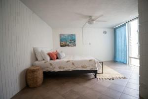 a bedroom with a bed and a ceiling fan at Beach & Country Beachfront Studio in Hauula
