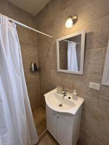 un bagno con lavandino, specchio e doccia di Amapola del Sur a El Calafate