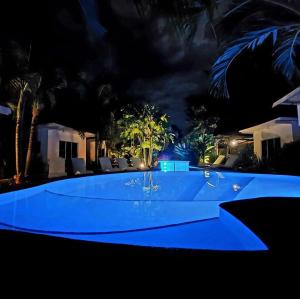 a large swimming pool at night with blue illumination at Oceanlife Explorers Resort in Siquijor