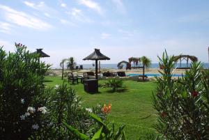 une pelouse avec une table de pique-nique et une plage dans l'établissement Punta Encanto Posada Boutique, à Miramar