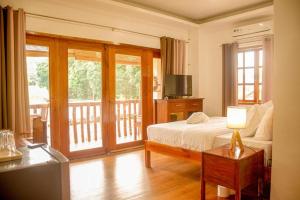 圣胡安Wilcon Guesthouse Catulayan的一间带床的卧室和一个带电视的阳台