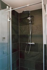 a shower with a shower head in a bathroom at Frankenwald Chalets - Ferienhaus mit privaten Whirlpool in Wilhelmsthal