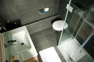 a small bathroom with a toilet and a shower at SALITEREI Ferienhaus im Herzen des Seewinkels in Frauenkirchen +33 photos