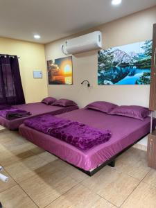 two beds in a room with purple sheets at Chidambaram Spiritual Stay in Chidambaram